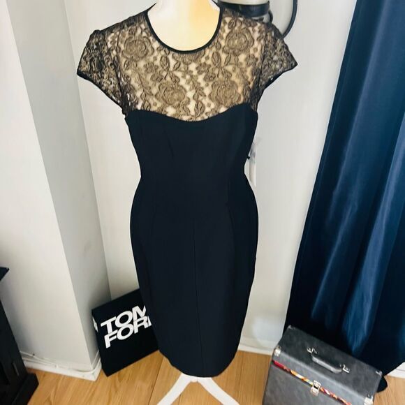 Maggy London Black Stretch Crepe Gold Lace Illusion Dress, Black, Size 8, NWT - Picture 13 of 17